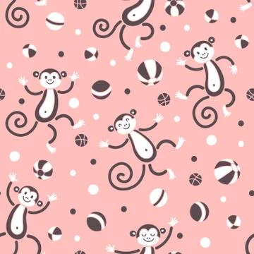 Seamless pattern with monkeys playing in balls. Vector illustration Stock Illustration