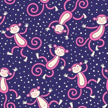 Seamless pattern with monkeys playing in snow winter. Vector illustration Stock Illustration