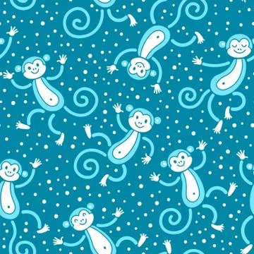 Seamless pattern with monkeys playing in snow winter. Vector illustration Stock Illustration