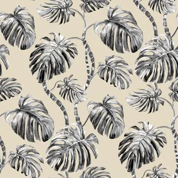 Seamless pattern in monochrome black and white shades with monstera flower Illustrazione stock