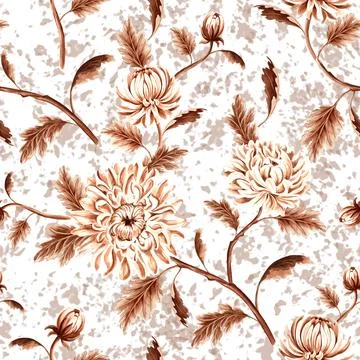 Seamless pattern monochrome from chrysanthemum flowers with leaves in vintage Illustrazione stock