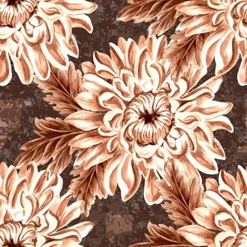 Seamless pattern monochrome from chrysanthemum with leaves on dark background Stock Illustration