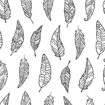 Seamless pattern with monochrome hand drawn ornate feathers Stock Illustration