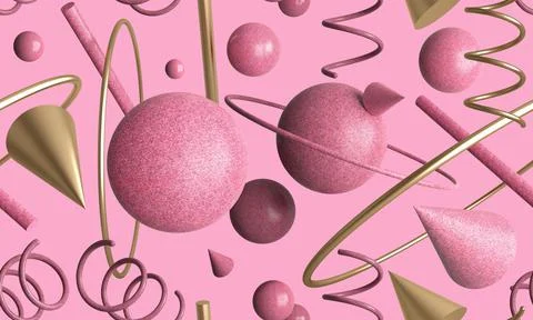 Seamless Pattern Monochrome Pink 3d geometric shapes material gold イラスト素材