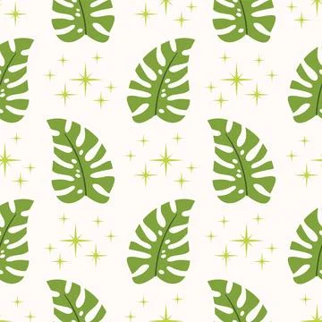 Seamless pattern with monstera leaf and tiny star in polka dot order in fla.. Stock Illustration