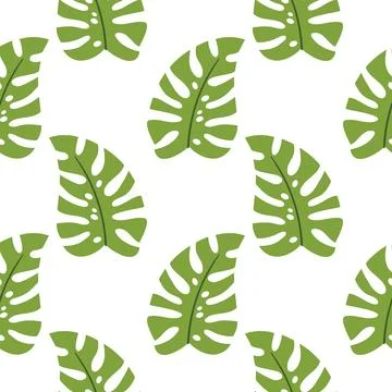 Seamless pattern with monstera leaf in cartoon flat style, arranged in polk.. Illustrazione stock