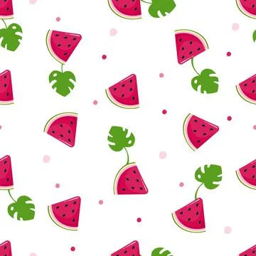 Seamless pattern with monstera leaves and watermelon slices for printing on f Stock Illustration