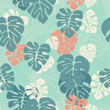 Seamless pattern with monstera palm leaves and plants on blue background Stock Illustration