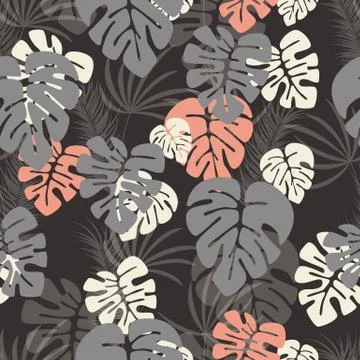Seamless pattern with monstera palm leaves and plants on dark background Stock-Illustration
