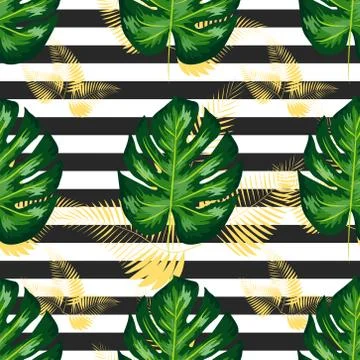 Seamless pattern with monstera palm leaves. Tropical textile botanical design Stock Illustration