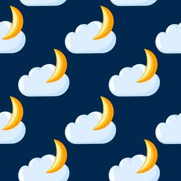 Seamless pattern with moon and cloud weather icon on a dark blue background in Stock Illustration