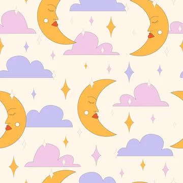 Seamless pattern with moon and clouds, Pop Color Style Flat Design 70s. Cool 스톡 일러스트