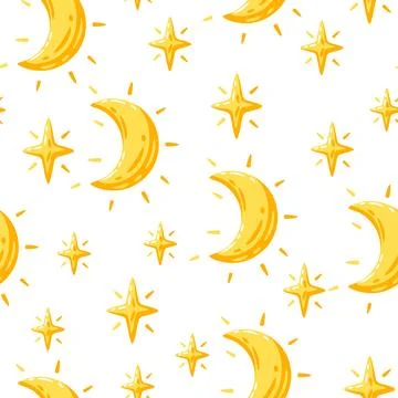 Seamless pattern with moon and stars. Cartoon image of night. Stock Illustration
