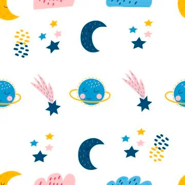 Seamless pattern with moon, clouds, planet, stars Stock Illustration