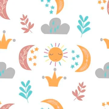 Seamless pattern with moon, clouds, sun, leaves Stock Illustration