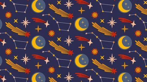Seamless pattern with Moon, eclipse, stars, constellation, comets, star trails. 스톡 일러스트