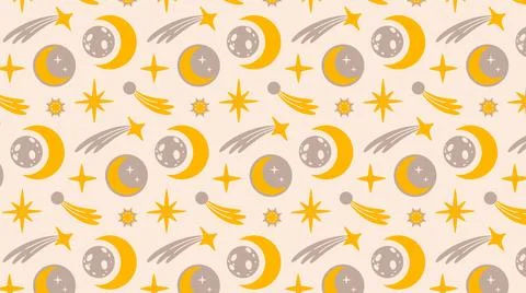 Seamless pattern with Moon, eclipse, stars, crescent, constellation, comets. 스톡 일러스트