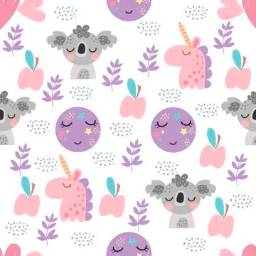 Seamless pattern with moon, koala bear, leaves Ilustração Stock