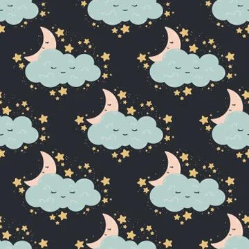Seamless pattern with moon, stars, cloud on a dark background. Vector print f 스톡 일러스트