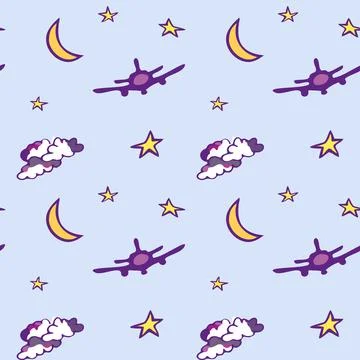 Seamless pattern with moon, stars, plane and clouds. Blue background. イラスト素材
