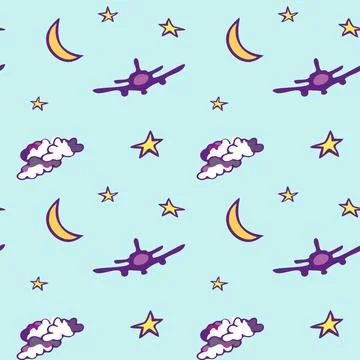 Seamless pattern with moon, stars, plane and clouds. Agua background. Stock Illustration