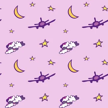 Seamless pattern with moon, stars, plane and clouds. Pink background. イラスト素材