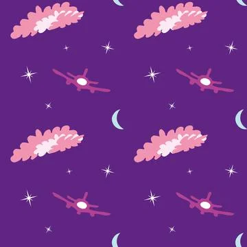 Seamless pattern with moon, stars, plane and clouds. Violet background. 스톡 일러스트