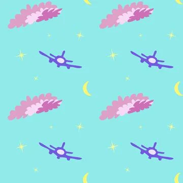 Seamless pattern with moon, stars, plane and clouds. Aqua background. Illustrazione stock