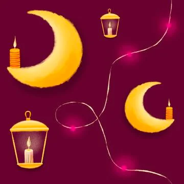 Seamless pattern with moons, candles,, christmas lights, lamps Stock Illustration