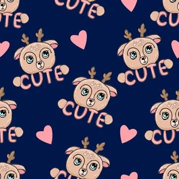 Seamless pattern with moose and pink hearts. Cute vector hand deer background in Stock-Illustration