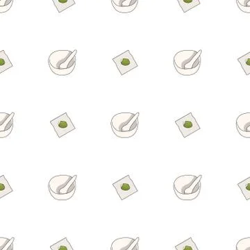 Seamless pattern with mortar and healing herbs on white background. Vector. Stock Illustration