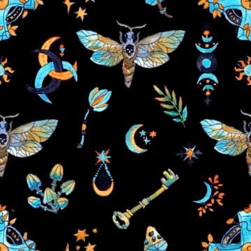 Seamless pattern with moth butterfly and mysterious symbols - key, mushroom, Stock Illustration