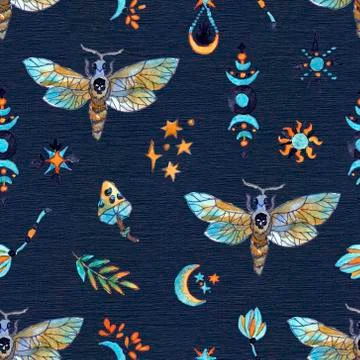 Seamless pattern with moth butterfly and magic elements on blue. Stock Illustration