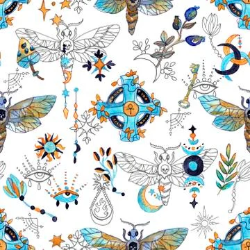 Seamless pattern with moth, plants and mysterions, magic signs on white. Stock Illustration