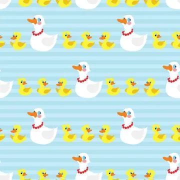 Seamless pattern with mother duck and ducklings on blue background Stock Illustration