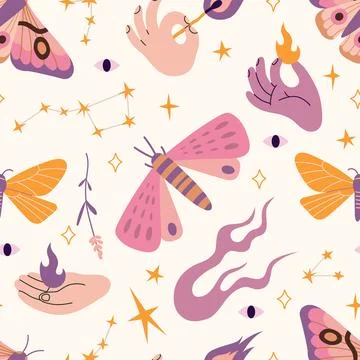 Seamless pattern with moths, flames, eyes and magical symbols. Mysterious d.. Stock Illustration