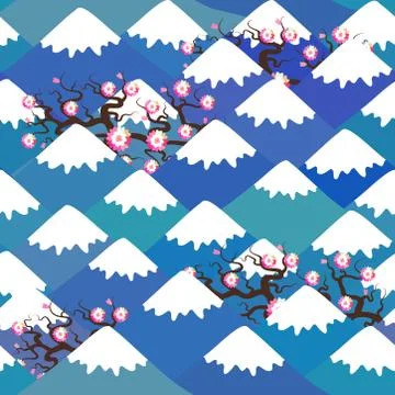 Seamless pattern Mount Fuji, Spring Nature background with Japanese cherry bl Stock Illustration