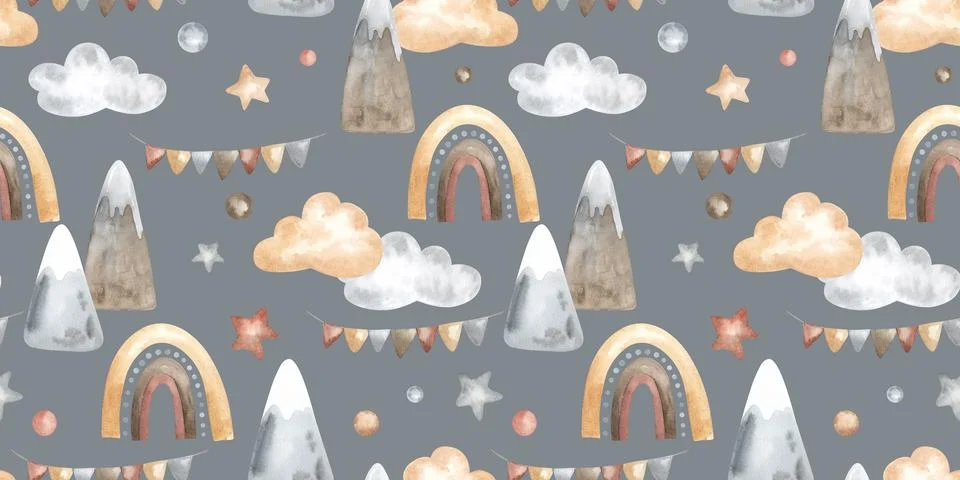 Seamless pattern with Mountains and Rainbows for Baby shower in pastel colors Stock Illustration