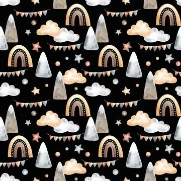Seamless pattern with Mountains and Rainbows for Baby shower in pastel colors Stock Illustration