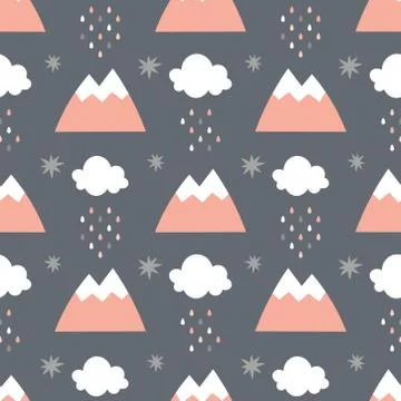 Seamless pattern with mountains clouds and stars Stock Illustration