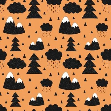 Seamless pattern of mountains, clouds, rain, christmas tree on the orange bac Illustrazione stock