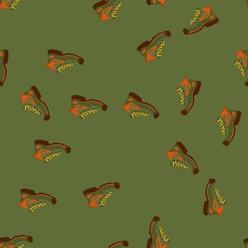 Seamless pattern mountains hiking boots female cartoon vector Stock Illustration