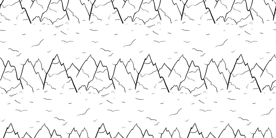 Seamless pattern with mountains line art. Black, white birds and mountain p.. Stock Illustration