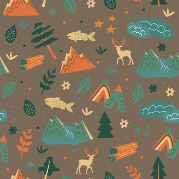 Seamless pattern. Mountains, tents in the forest, animals Illustrazione stock