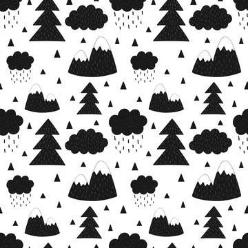 Seamless pattern of mountains, trees, clouds, rain, christmas tree. Vector sc Stockillustratie