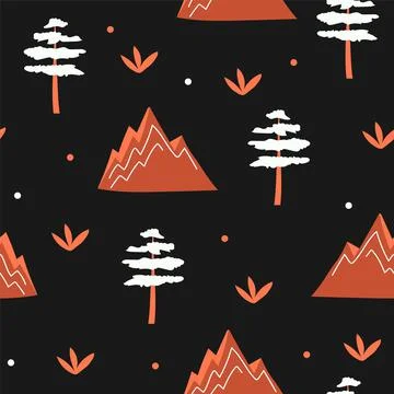 Seamless pattern of mountains, trees - orange on black background. Vector Stock Illustration