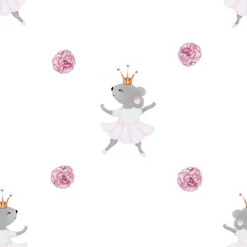 Seamless pattern mouse ballerina. cute pattern with a mouse in a skirt and rose Stock Illustration