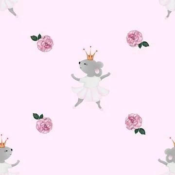 Seamless pattern mouse ballerina. cute pattern with a mouse in a skirt and rose Stock Illustration
