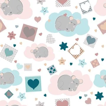 Seamless pattern with a mouse, stars and hearts in pink and blue tones, vector Stock Illustration