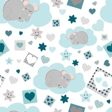 Seamless pattern with a mouse, stars and hearts in blue tones, vector Illustrazione stock